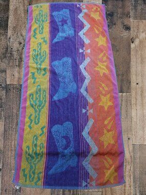 Vintage Jay Franco Colorful Beach Bath Towel Cowboy Boot Cactus Western